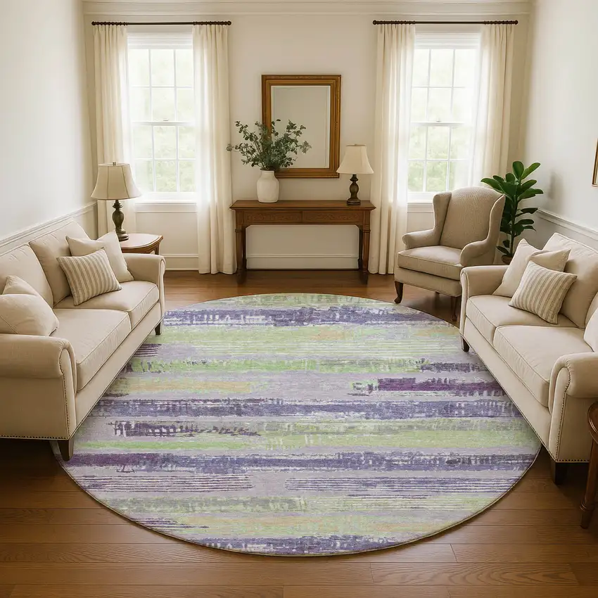 8' Lavender Green And Ivory Striped Washable Round Rug With UV Protection Photo 4