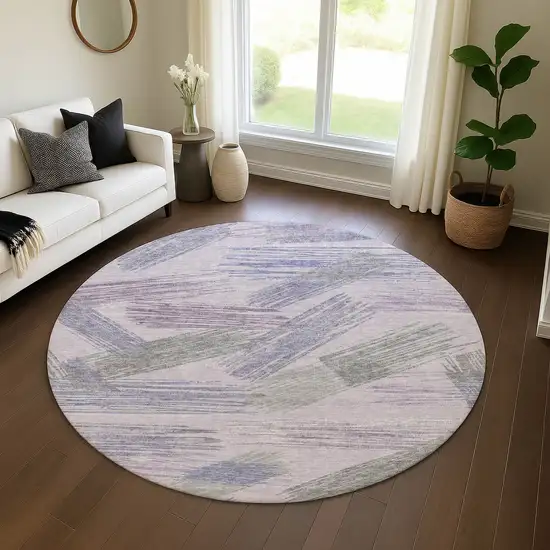 8' Lavender Green And Ivory Striped Washable Round Rug With UV Protection Photo 4