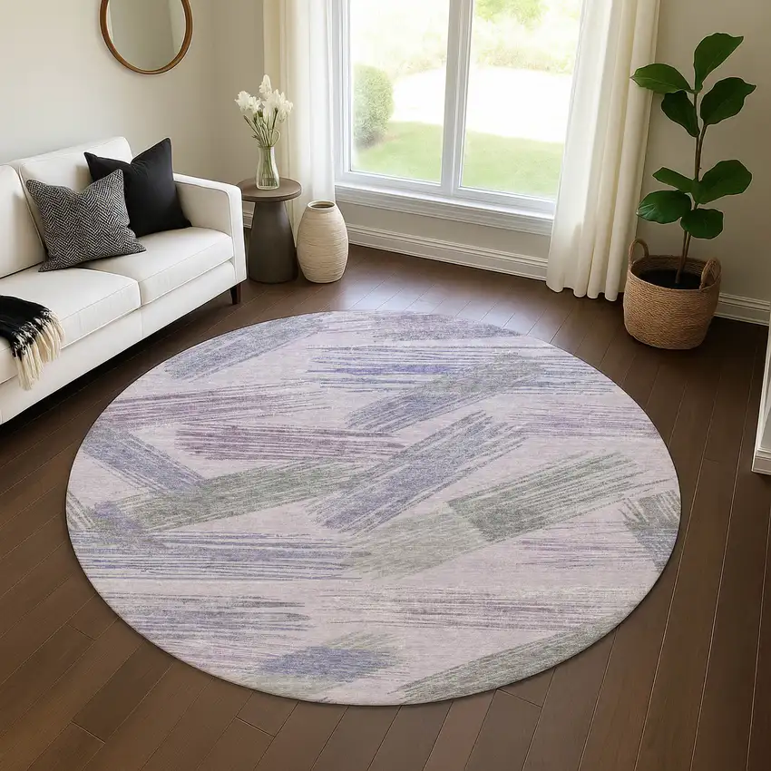 8' Lavender Green And Ivory Striped Washable Round Rug With UV Protection Photo 4