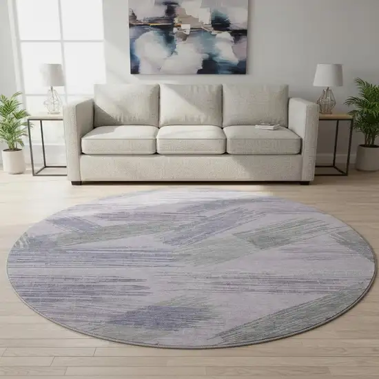 8' Lavender Green And Ivory Striped Washable Round Rug With UV Protection Photo 2