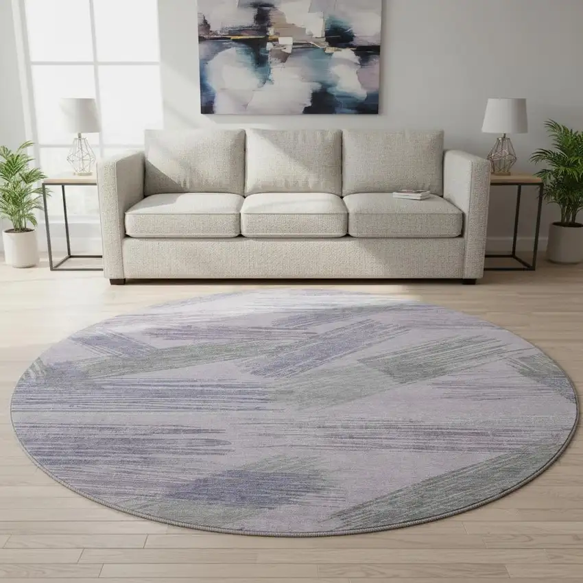 8' Lavender Green And Ivory Striped Washable Round Rug With UV Protection Photo 2