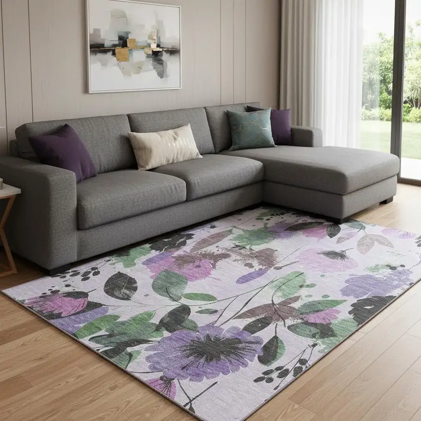 8' Lavender Green And Mauve Floral Washable Area Rug With UV Protection Photo 2