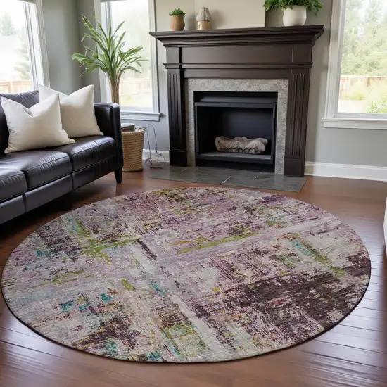 8' Lavender Green And Teal Abstract Washable Round Rug With UV Protection Photo 4