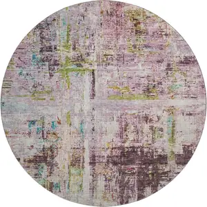 Photo of 8' Lavender Green And Teal Abstract Washable Round Rug With UV Protection