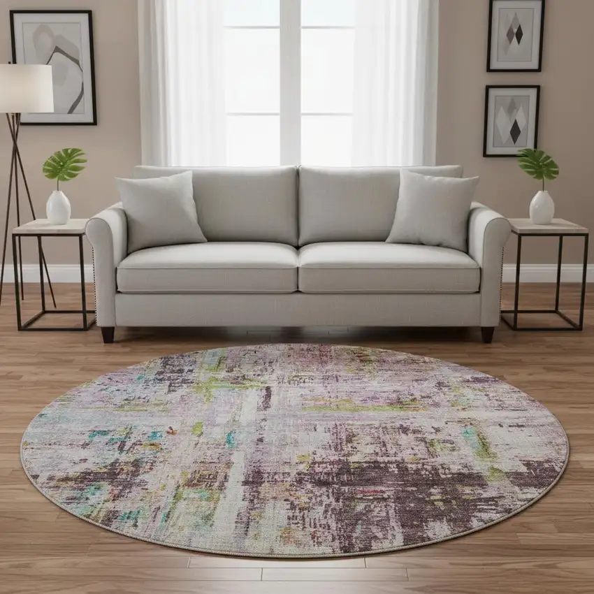8' Lavender Green And Teal Abstract Washable Round Rug With UV Protection Photo 2