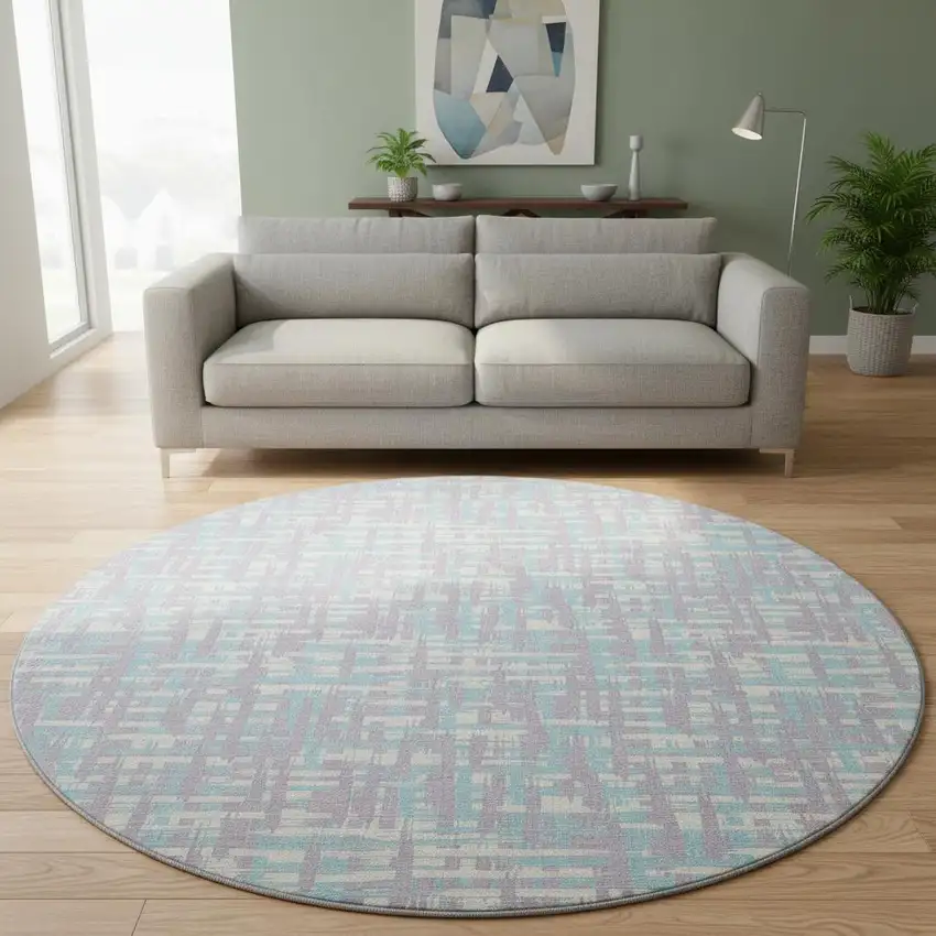 8' Lavender Ivory And Aqua Abstract Geometric Washable Round Rug With UV Protection Photo 2
