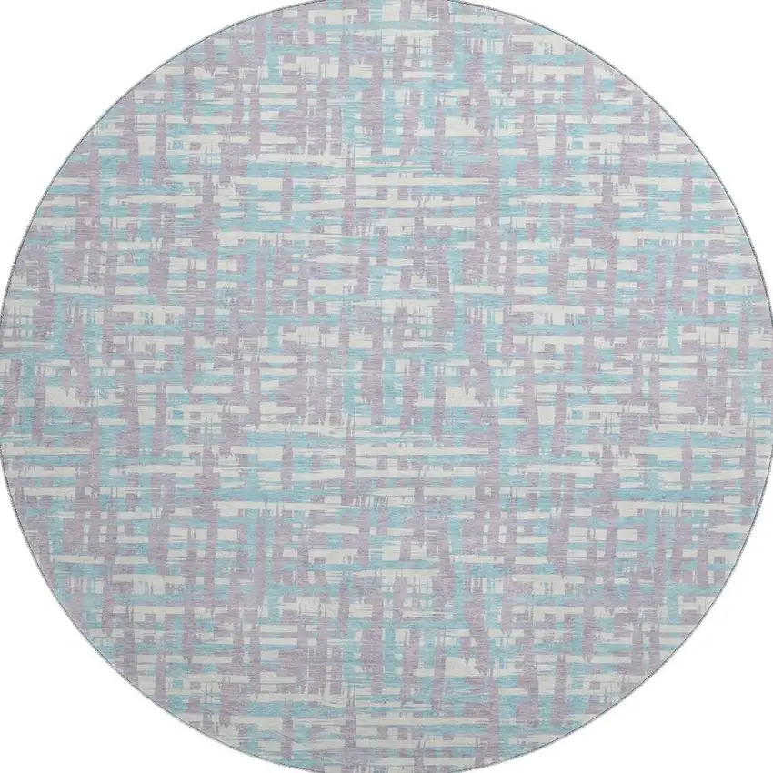 8' Lavender Ivory And Aqua Abstract Geometric Washable Round Rug With UV Protection Photo 2