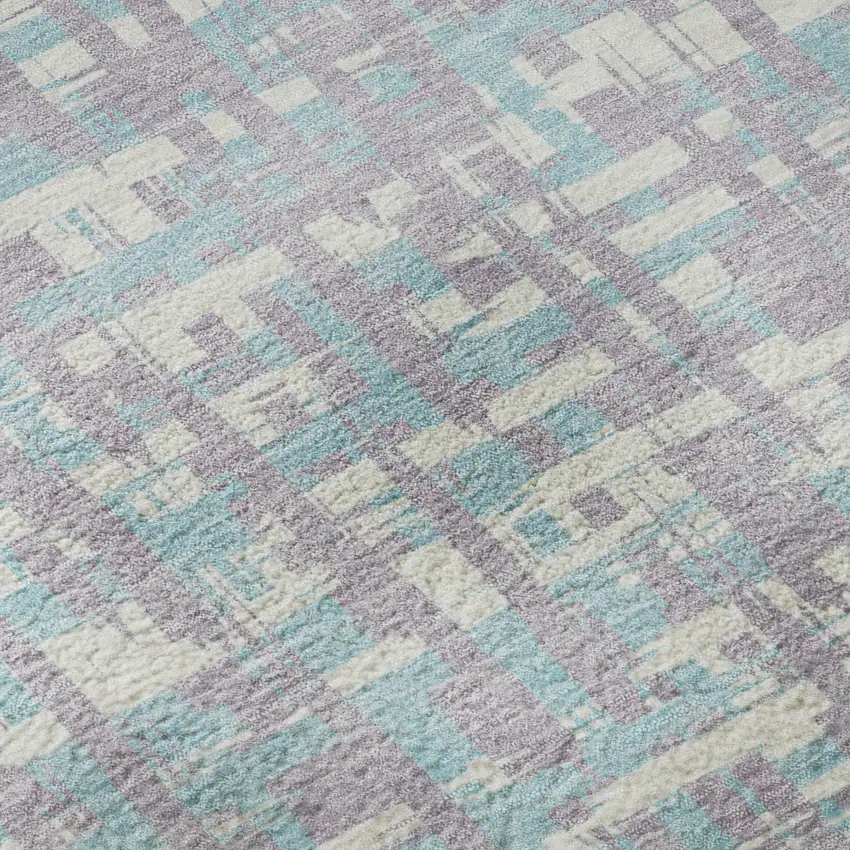 8' Lavender Ivory And Aqua Abstract Geometric Washable Round Rug With UV Protection Photo 8