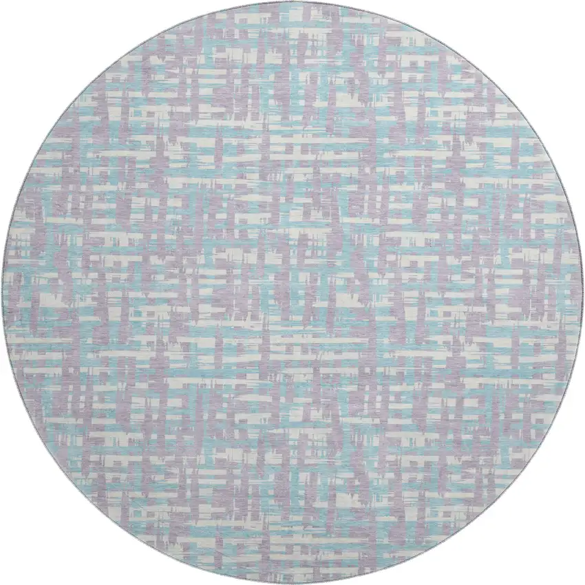 8' Lavender Ivory And Aqua Abstract Geometric Washable Round Rug With UV Protection Photo 1