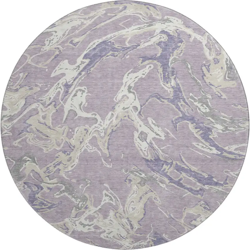 8' Lavender Ivory And Beige Abstract Washable Round Rug With UV Protection Photo 1