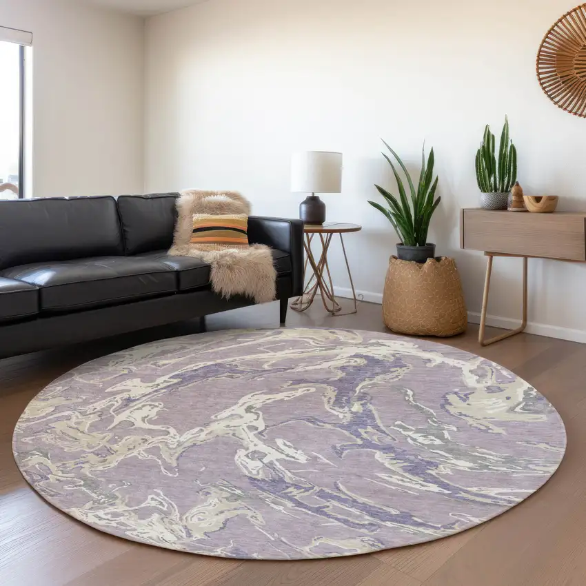 8' Lavender Ivory And Beige Abstract Washable Round Rug With UV Protection Photo 4