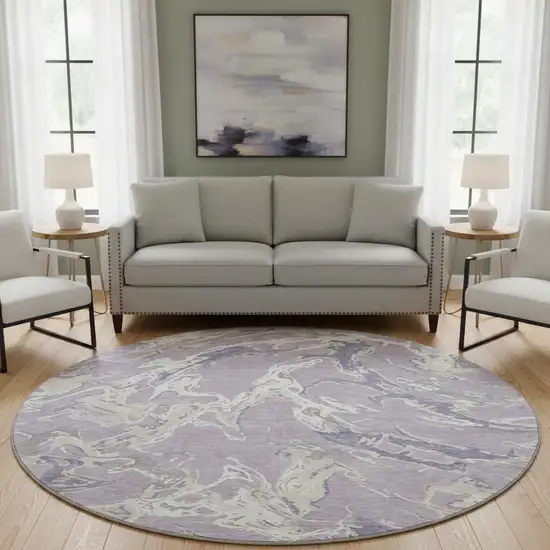 8' Lavender Ivory And Beige Abstract Washable Round Rug With UV Protection Photo 2