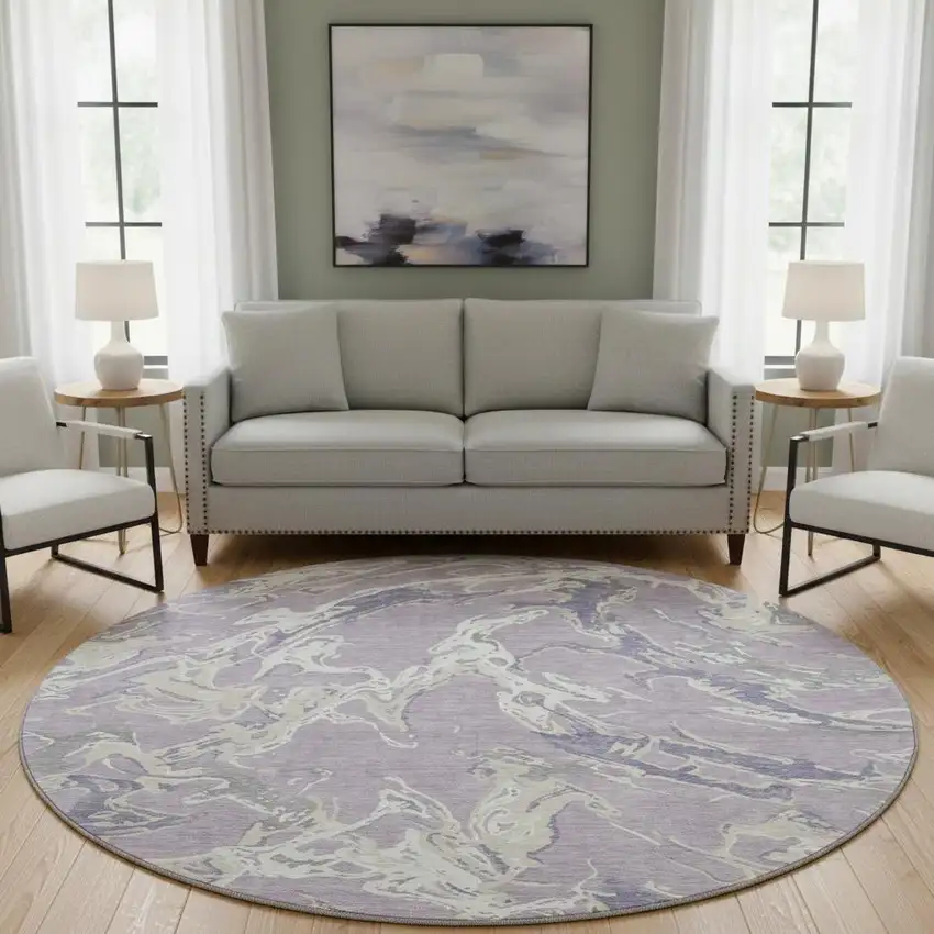 8' Lavender Ivory And Beige Abstract Washable Round Rug With UV Protection Photo 2