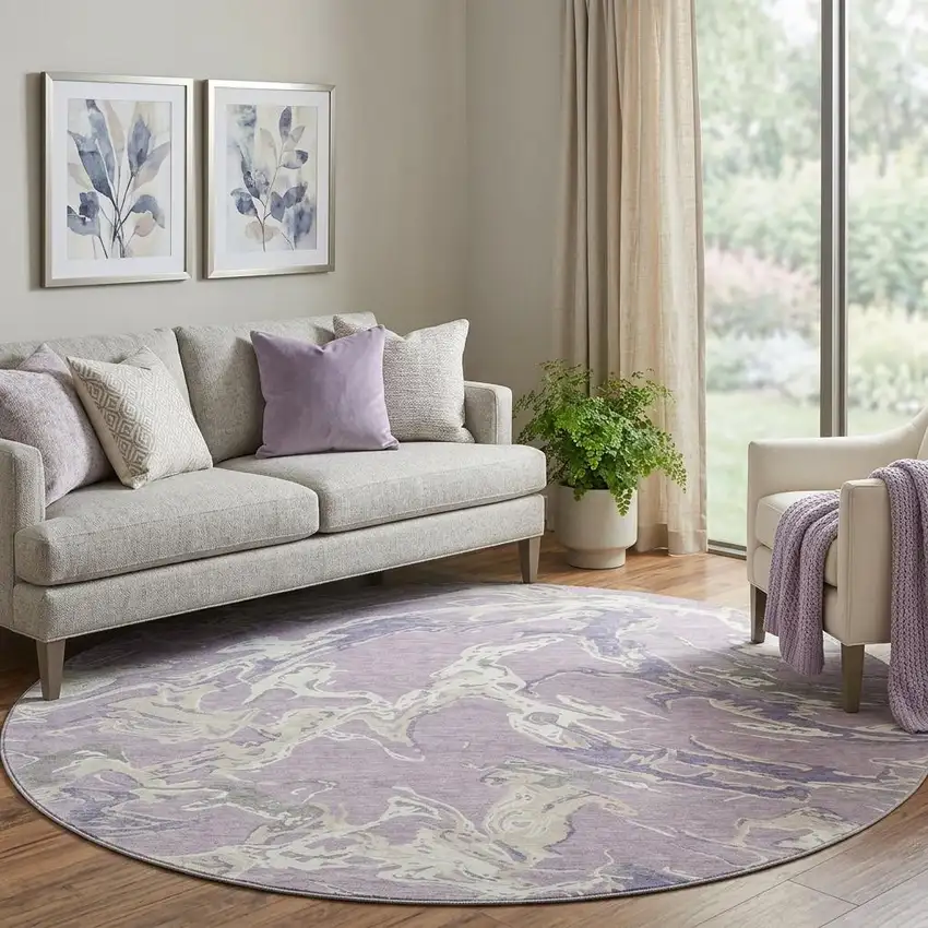 8' Lavender Ivory And Beige Abstract Washable Round Rug With UV Protection Photo 1