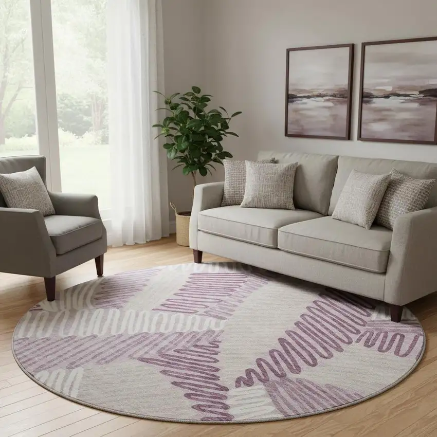 8' Lavender Ivory And Beige Floral Washable Round Rug With UV Protection Photo 2