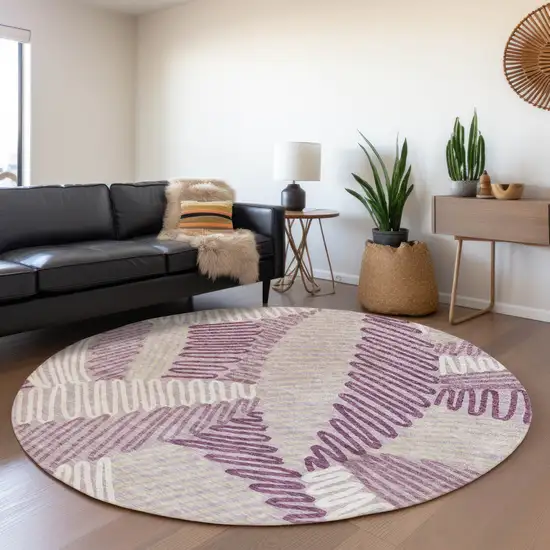 8' Lavender Ivory And Beige Floral Washable Round Rug With UV Protection Photo 5