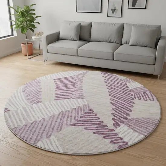 8' Lavender Ivory And Beige Floral Washable Round Rug With UV Protection Photo 2