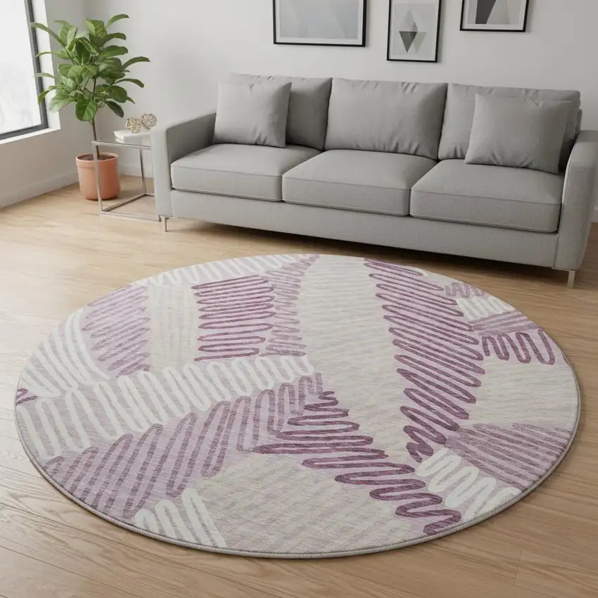 8' Lavender Ivory And Beige Floral Washable Round Rug With UV Protection Photo 2