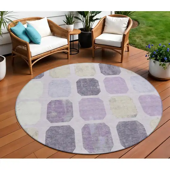 8' Lavender Ivory And Beige Round Geometric Washable Indoor Outdoor Area Rug Photo 2