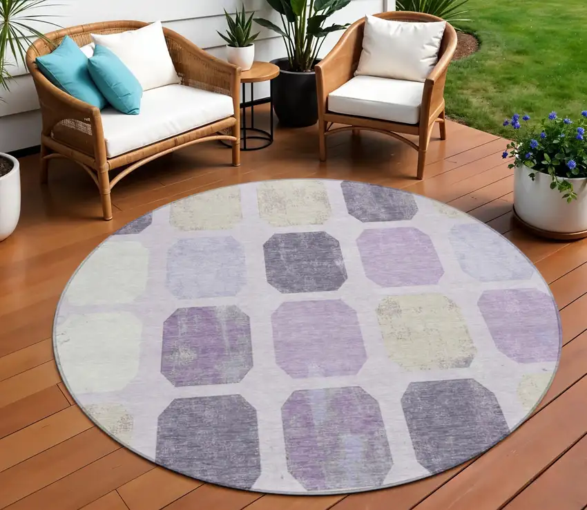8' Lavender Ivory And Beige Round Geometric Washable Indoor Outdoor Area Rug Photo 2