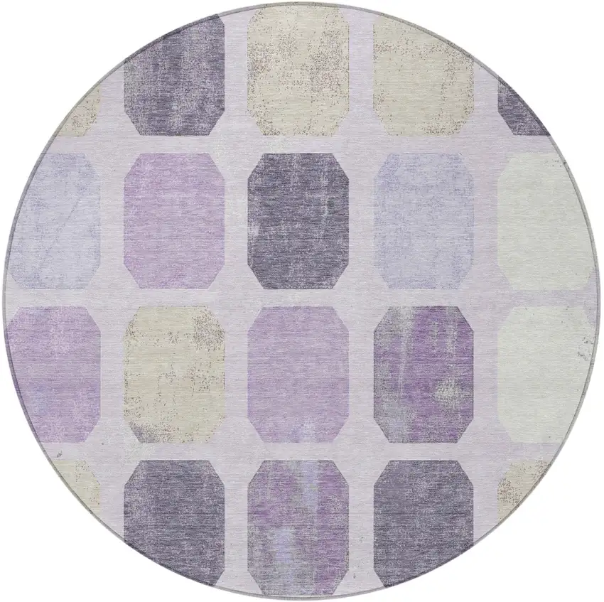 8' Lavender Ivory And Beige Round Geometric Washable Indoor Outdoor Area Rug Photo 4