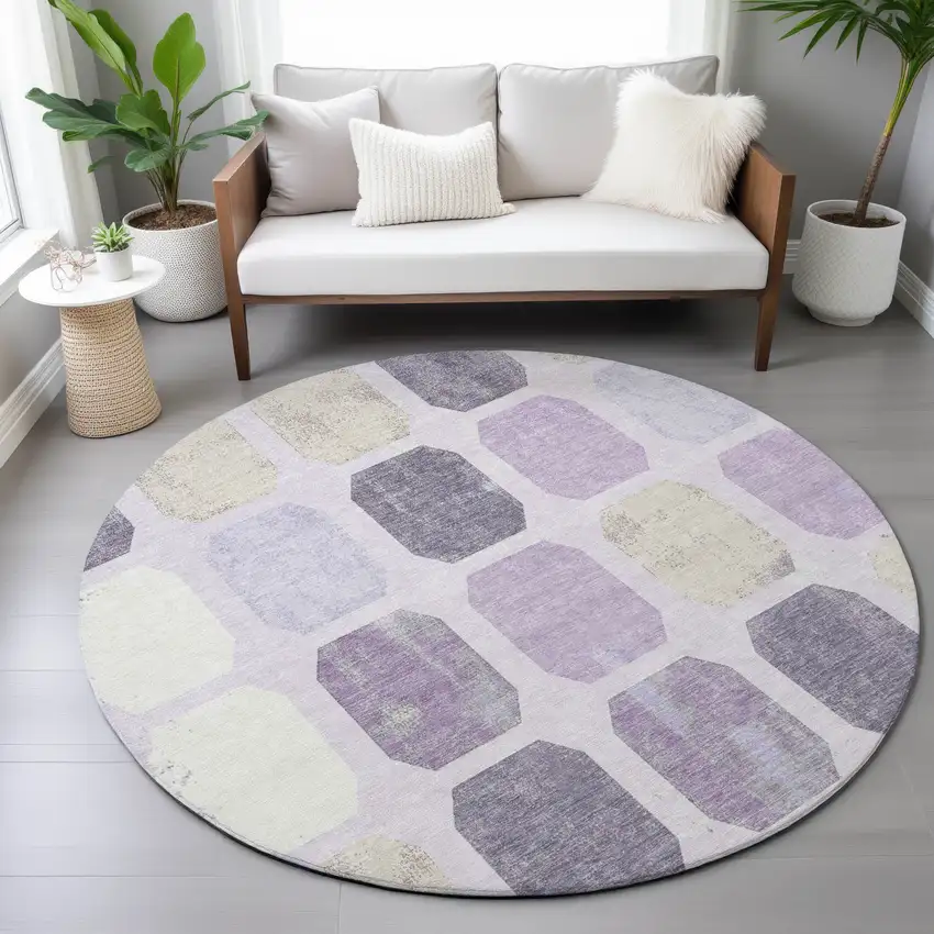 8' Lavender Ivory And Beige Round Geometric Washable Indoor Outdoor Area Rug Photo 9