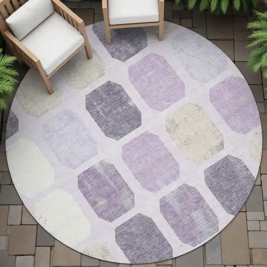 8' Lavender Ivory And Beige Round Geometric Washable Indoor Outdoor Area Rug Photo 8