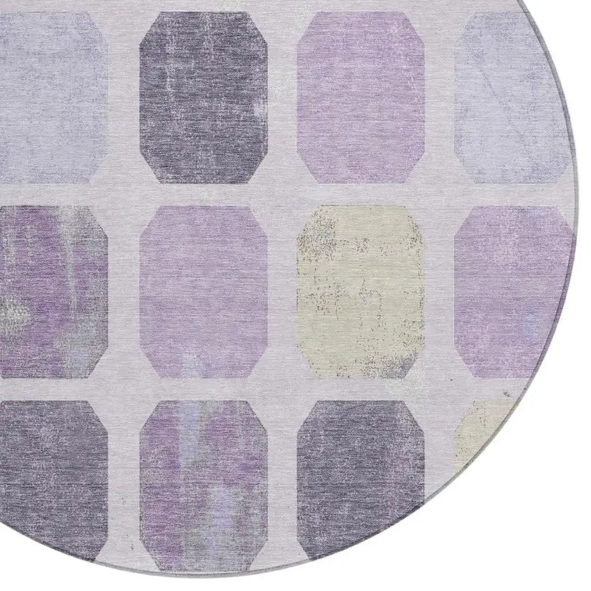 8' Lavender Ivory And Beige Round Geometric Washable Indoor Outdoor Area Rug Photo 5