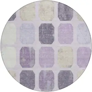 Photo of 8' Lavender Ivory And Beige Round Geometric Washable Indoor Outdoor Area Rug