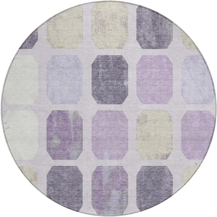 8' Lavender Ivory And Beige Round Geometric Washable Indoor Outdoor Area Rug Photo 1