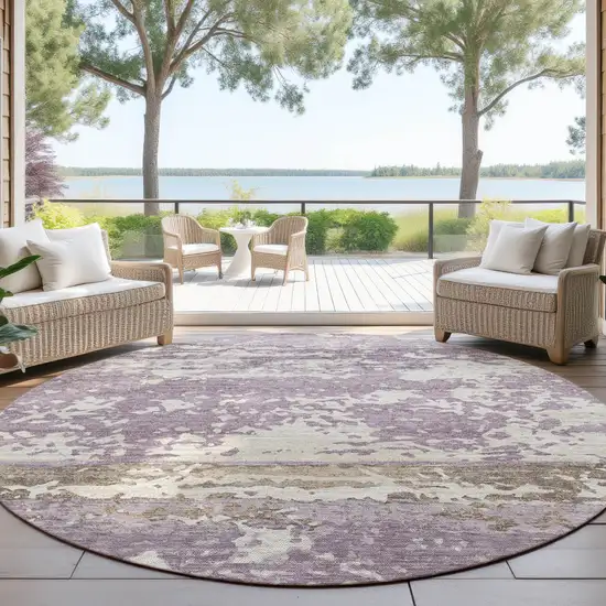 8' Lavender Ivory And Beige Round Striped Washable Indoor Outdoor Area Rug Photo 4