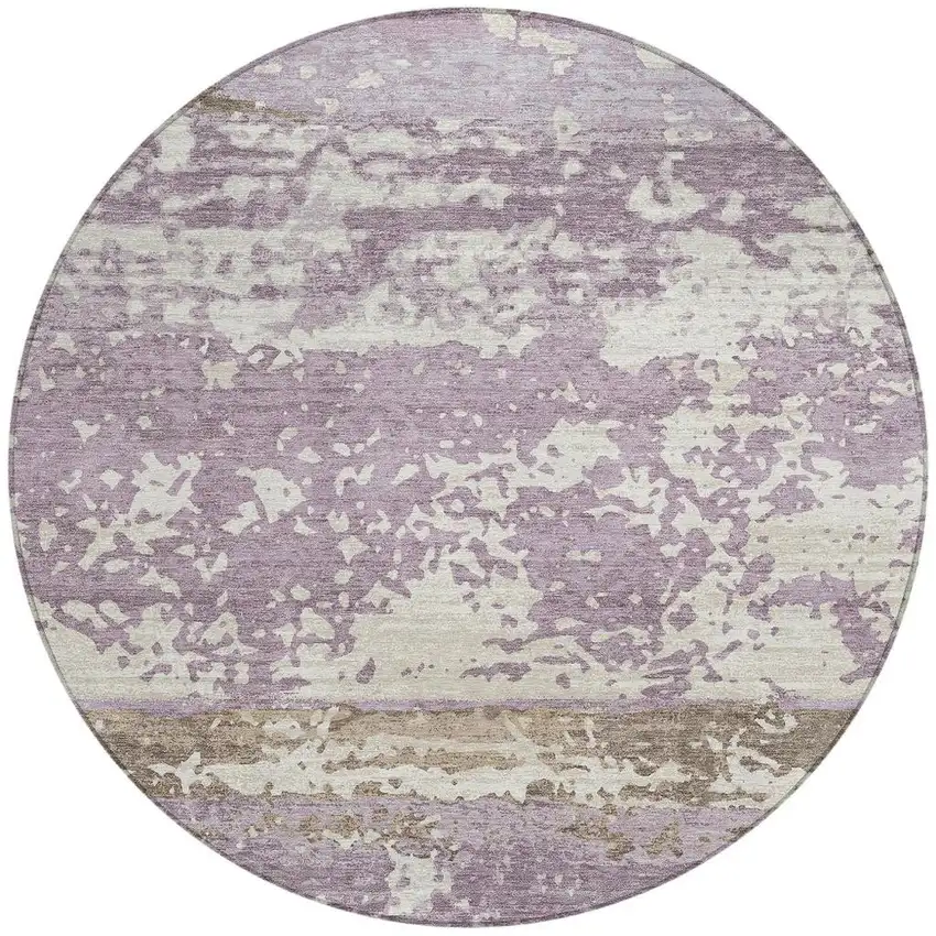 8' Lavender Ivory And Beige Round Striped Washable Indoor Outdoor Area Rug Photo 3