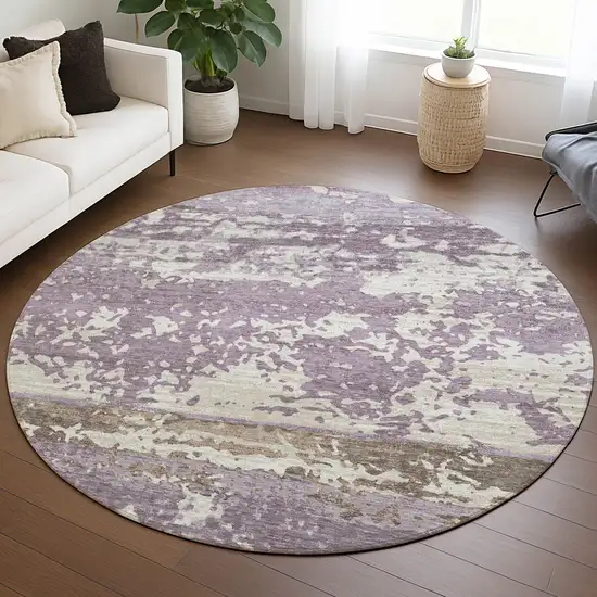 8' Lavender Ivory And Beige Round Striped Washable Indoor Outdoor Area Rug Photo 5