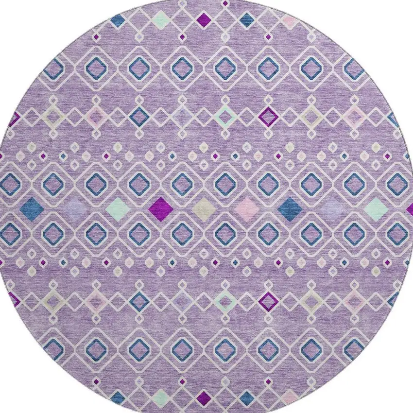8' Lavender Ivory And Blue Southwestern Washable Round Rug With UV Protection Photo 3