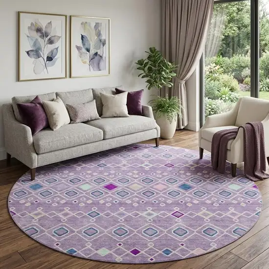 8' Lavender Ivory And Blue Southwestern Washable Round Rug With UV Protection Photo 1