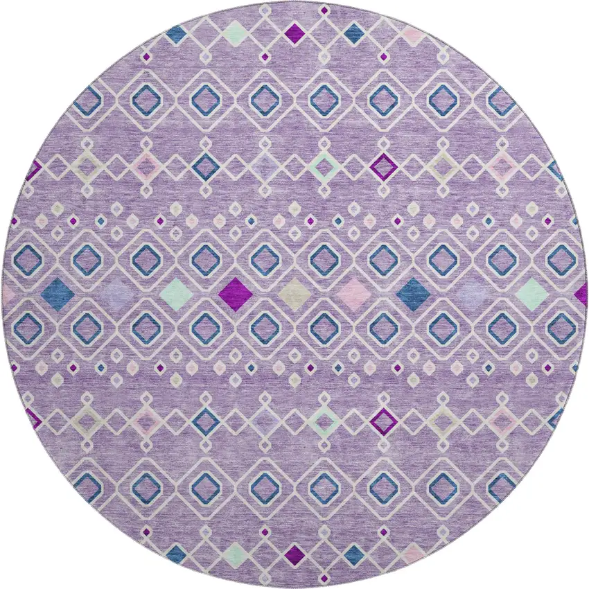 8' Lavender Ivory And Blue Southwestern Washable Round Rug With UV Protection Photo 1