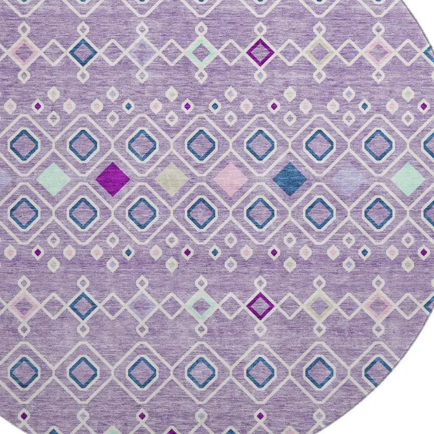 8' Lavender Ivory And Blue Southwestern Washable Round Rug With UV Protection Photo 2