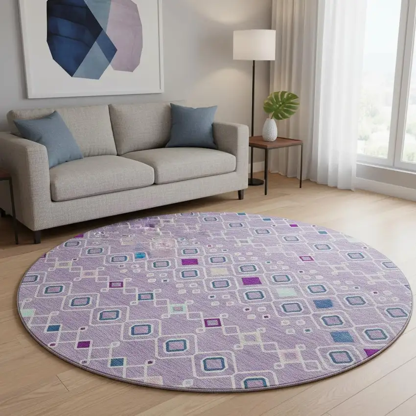 8' Lavender Ivory And Blue Southwestern Washable Round Rug With UV Protection Photo 2