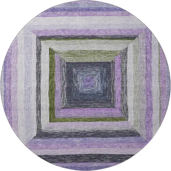8' Lavender Ivory And Charcoal Geometric Washable Round Rug With UV Protection Photo 3