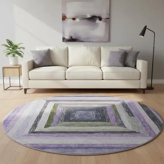 8' Lavender Ivory And Charcoal Geometric Washable Round Rug With UV Protection Photo 2