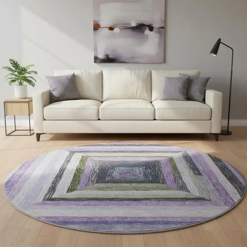 8' Lavender Ivory And Charcoal Geometric Washable Round Rug With UV Protection Photo 2