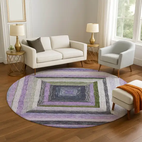 8' Lavender Ivory And Charcoal Geometric Washable Round Rug With UV Protection Photo 4