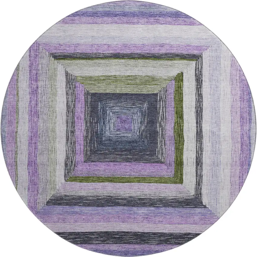 8' Lavender Ivory And Charcoal Geometric Washable Round Rug With UV Protection Photo 1