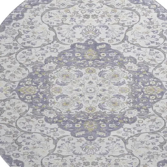 8' Lavender Ivory And Gold Medallion Washable Round Rug With UV Protection Photo 2