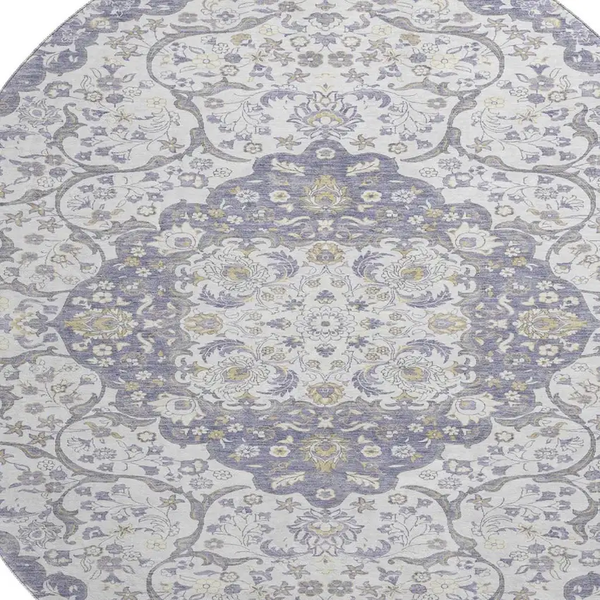 8' Lavender Ivory And Gold Medallion Washable Round Rug With UV Protection Photo 2