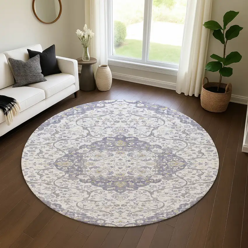 8' Lavender Ivory And Gold Medallion Washable Round Rug With UV Protection Photo 4