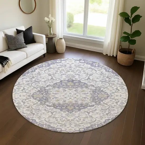8' Lavender Ivory And Gold Medallion Washable Round Rug With UV Protection Photo 4