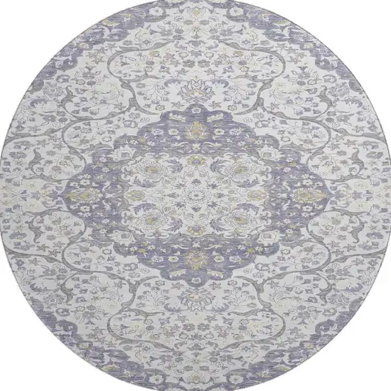 8' Lavender Ivory And Gold Medallion Washable Round Rug With UV Protection Photo 3