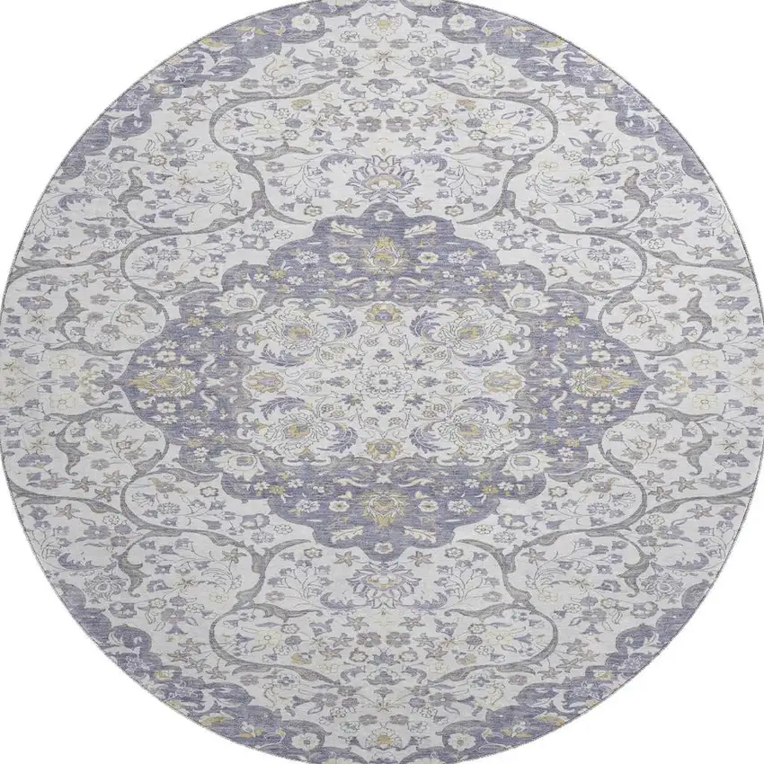8' Lavender Ivory And Gold Medallion Washable Round Rug With UV Protection Photo 3