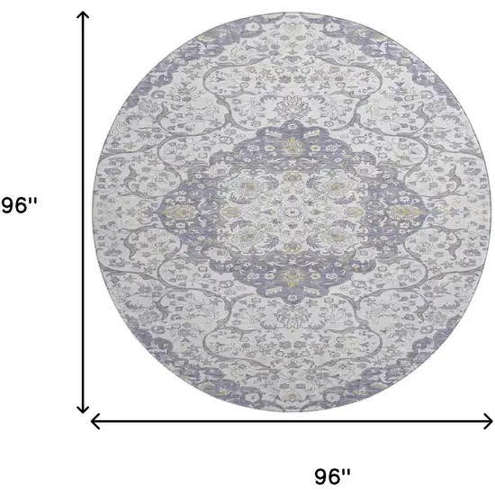 8' Lavender Ivory And Gold Medallion Washable Round Rug With UV Protection Photo 9